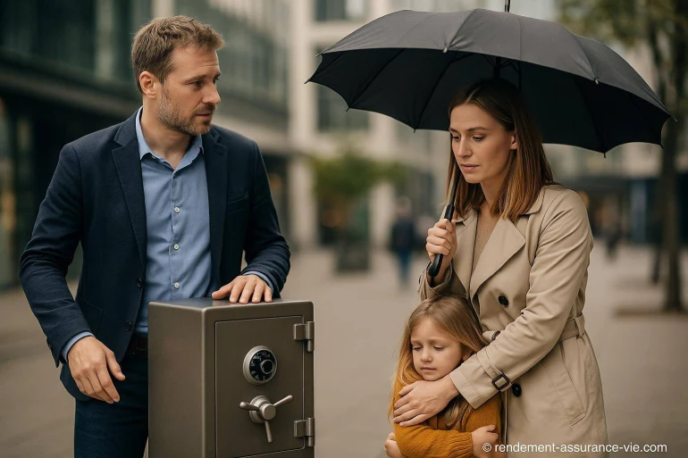 Famille avec coffre-fort sous parapluie
