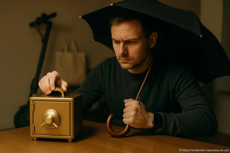 Homme ouvrant un petit coffre fort doré