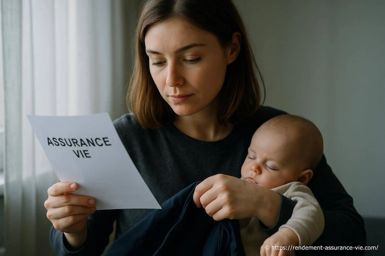 Femme lisant contrat assurance vie bébé endormi