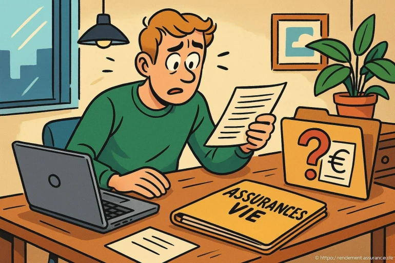 Homme inquiet lisant document assurance vie