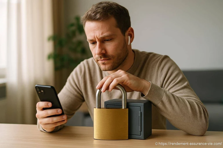 Homme concentré avec cadenas et smartphone