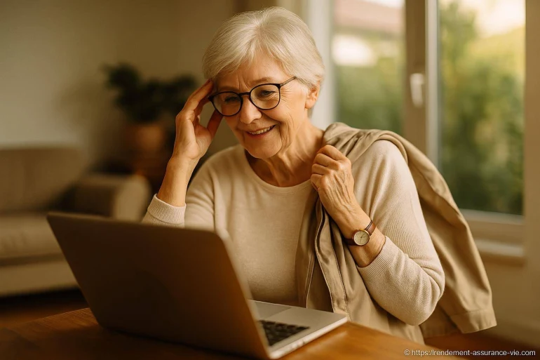 Femme senior souriante utilisant un ordinateur