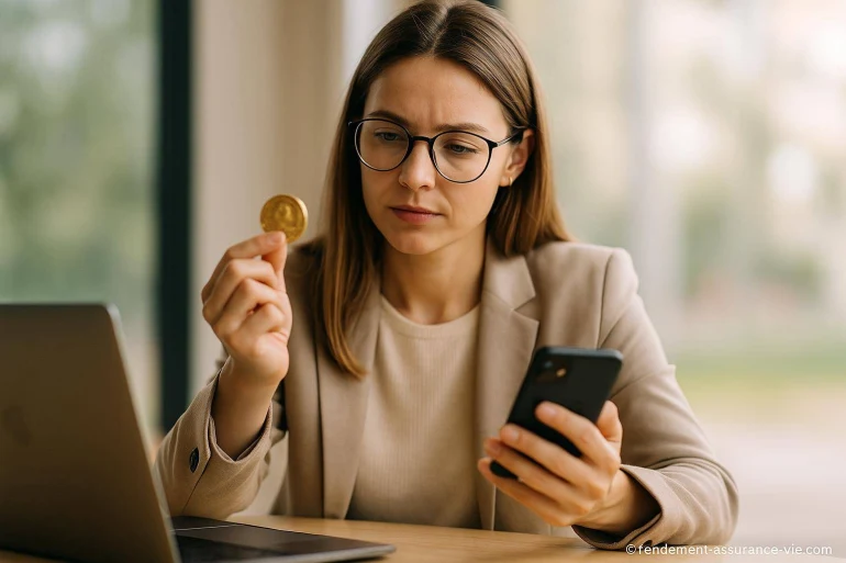 Femme réfléchissant à une pièce de monnaie