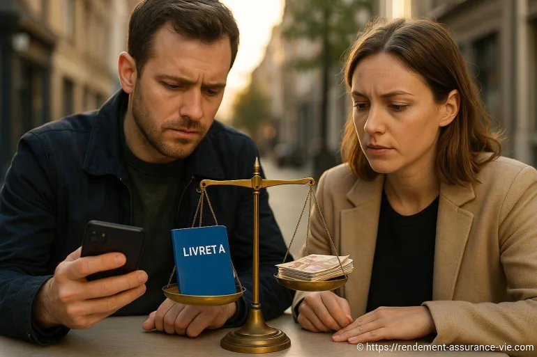 Couple préoccupé comparant livret A et argent liquide