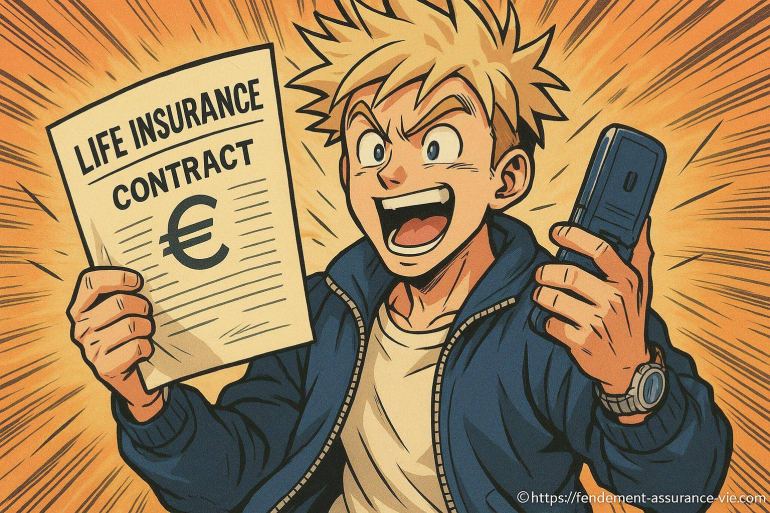 Jeune homme enthousiaste avec contrat assurance vie